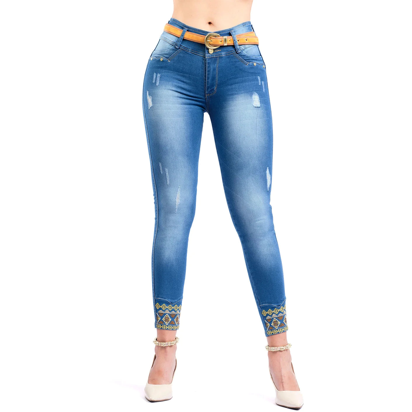 Butt Lifting Skinny Ankle Ripped Embroidered Colombian Jeans | 1500