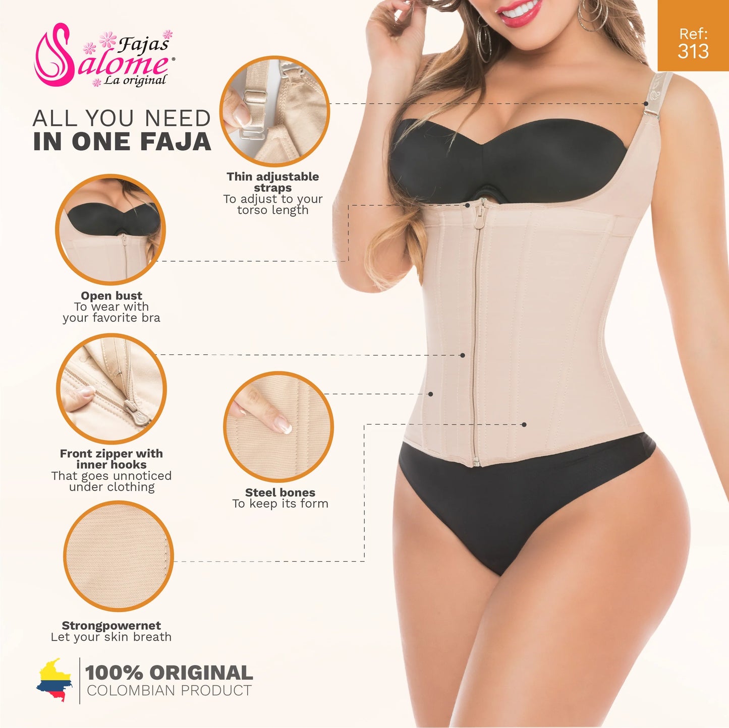 Colombian Fajas High Compression Waist Cincher Shapewear With Straps | 313-01