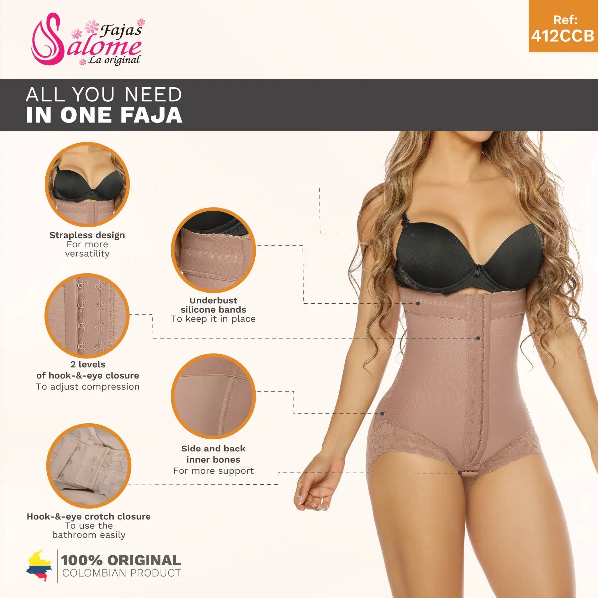 Colombian Fajas Slimming Strapless Tummy Control Panty Shapewear Bodysuit Cocoa | 412-CCB