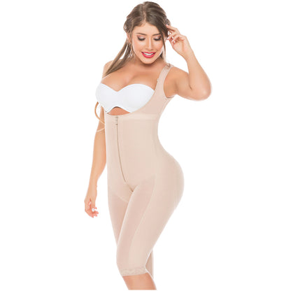 Colombian Fajas Salome 0518| STAGE 1 POST SURGERY BODYSUIT | WOMEN'S THICK STRAP KNEE LENGTH FULL BODY SHAPER | POWERNET