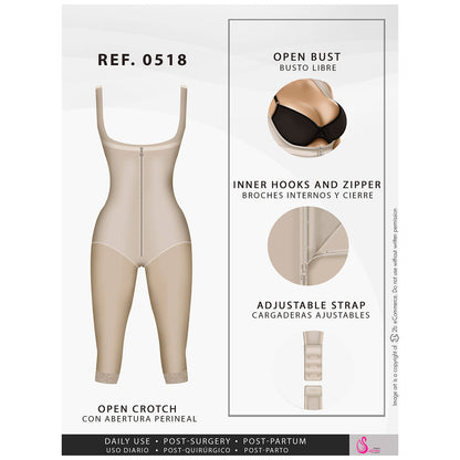 Colombian Fajas Salome 0518| STAGE 1 POST SURGERY BODYSUIT | WOMEN'S THICK STRAP KNEE LENGTH FULL BODY SHAPER | POWERNET