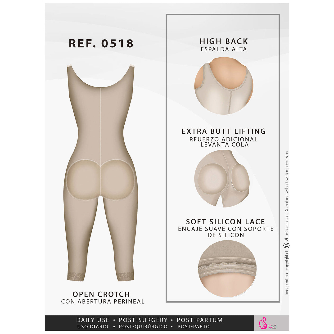 Colombian Fajas Salome 0518| STAGE 1 POST SURGERY BODYSUIT | WOMEN'S THICK STRAP KNEE LENGTH FULL BODY SHAPER | POWERNET