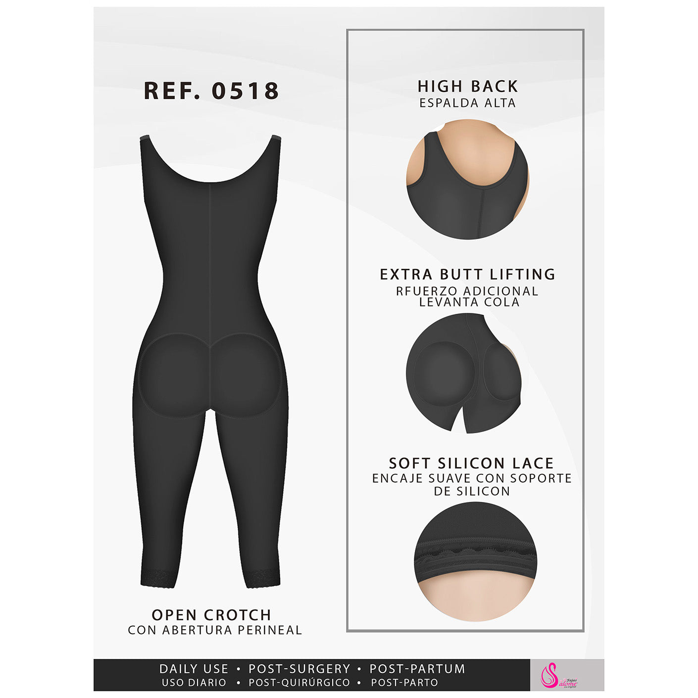 Colombian Fajas Salome 0518| STAGE 1 POST SURGERY BODYSUIT | WOMEN'S THICK STRAP KNEE LENGTH FULL BODY SHAPER | POWERNET